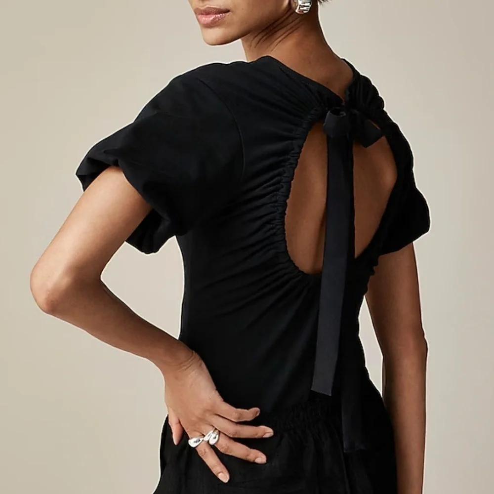 J crew Open-back puff-sleeve top in stretch cotton blend